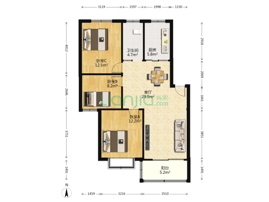 欣旺花苑二期 3室1厅1卫 96平方