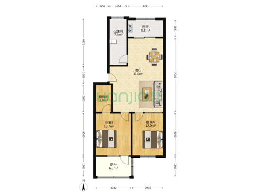 王舍人镇政府宿舍创业楼 2室1厅1卫 101平方