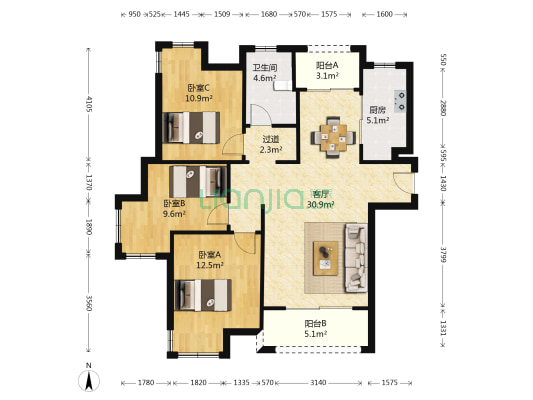 新里西斯莱公馆 3室1厅1卫 103平方