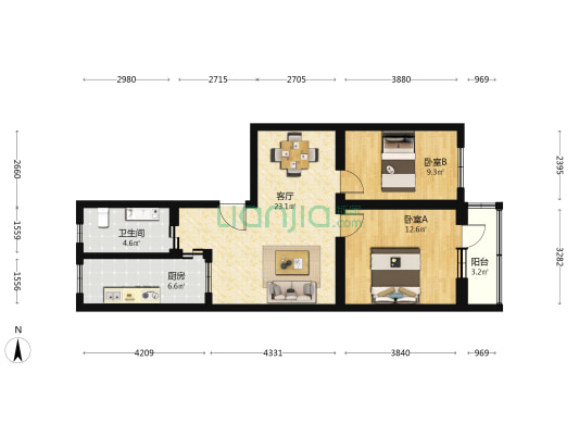 倒座庙9号院 2室1厅1卫 79平方