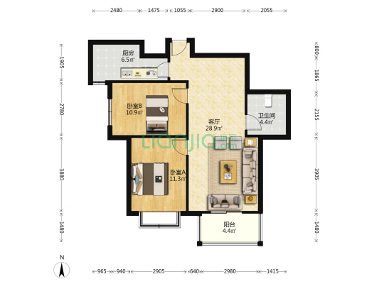 此房满五不唯一 税费低 一直自住 没有出租过 户型方正-户型图