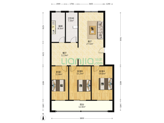 繁荣路156号院 3室2厅1卫 132平方