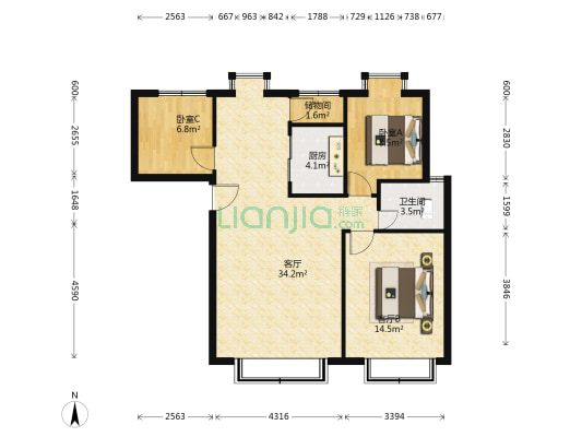 香梅花园一期 2室2厅1卫 84平方
