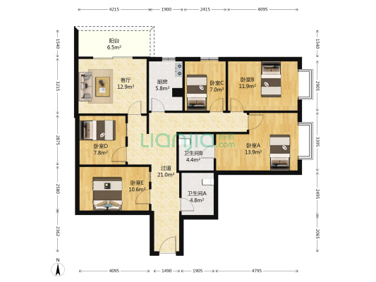 翡翠明珠 5室1厅2卫 129平方