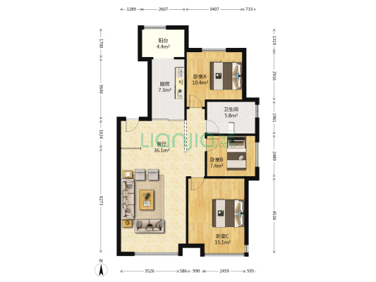 华润欢乐颂 3室1厅1卫 122平方