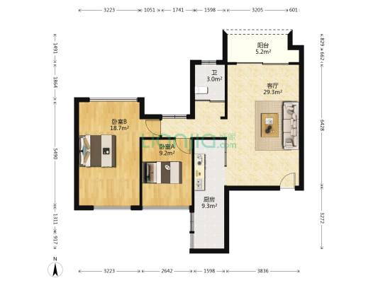 云星城市春天东区 2室1厅1卫 87平方