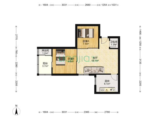 西宝花园 2室1厅2卫 67平方