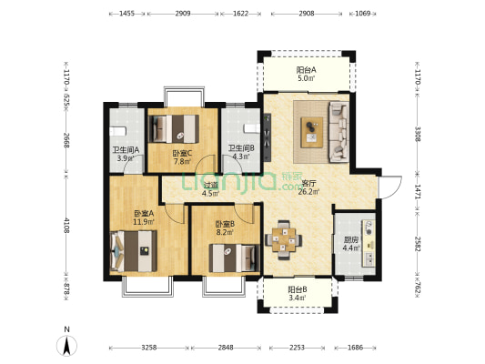 天麟八号公馆 3室1厅2卫 109平方