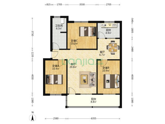 交通技校家属院 3室2厅1卫 91平方