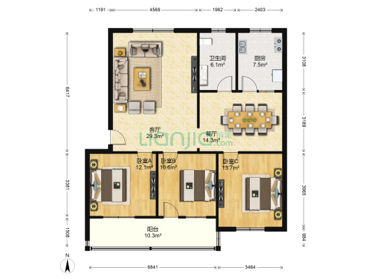 北关 3室2厅1卫 120平方