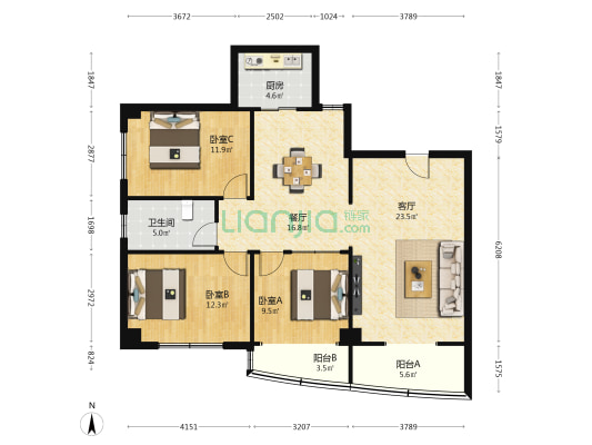 升平大厦 3室2厅1卫 129平方