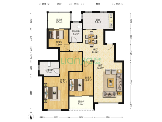 欧莱雅郡 3室2厅2卫 124平方