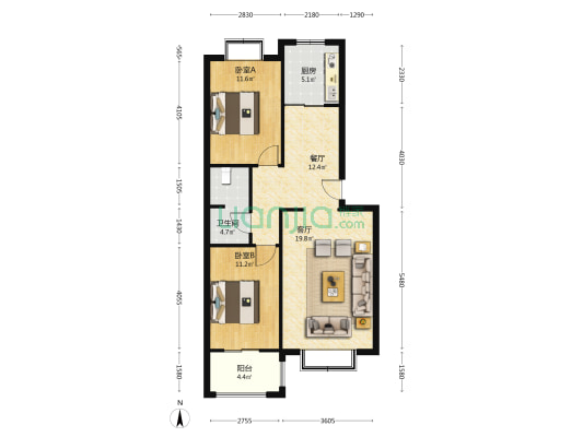 出售宏远景园小区，南北通透，毛坯房，二居室。-户型图