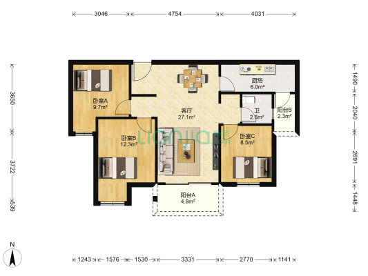 金科天元道砚北B区 3室1厅1卫 95平方