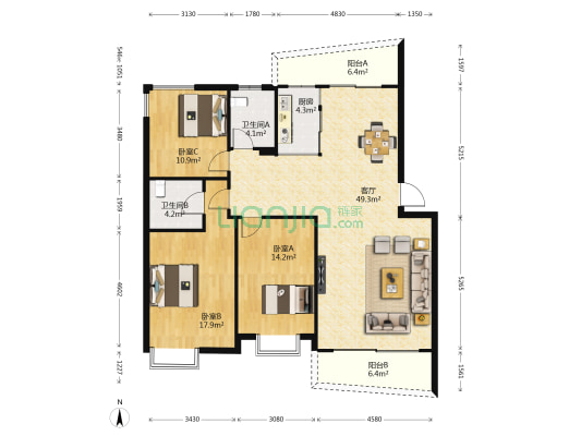 蓝色海岸国际家园 3室1厅2卫 133平方