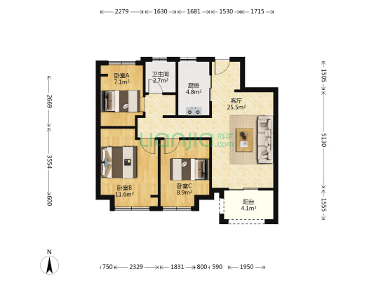 万科淮海天地八街区 3室1厅1卫 89平方