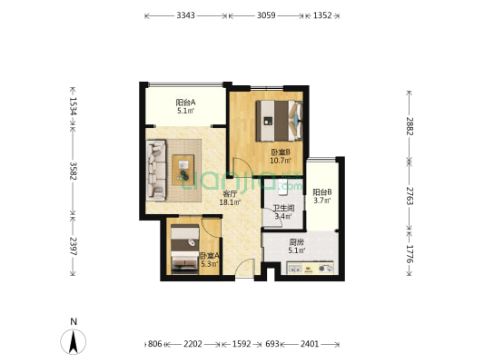 金海二期舒适性小两室 满五拎包入住-户型图