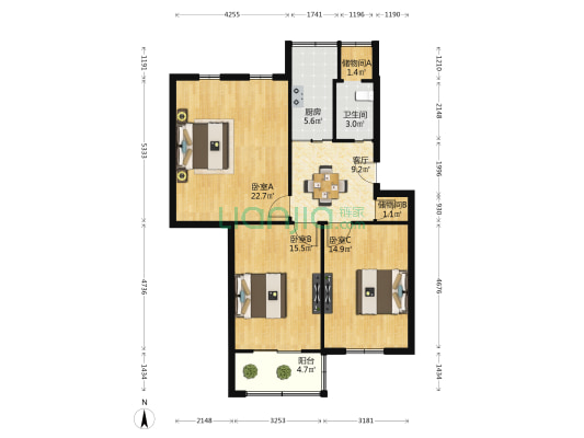 金寨路350号 3室1厅1卫 90平方