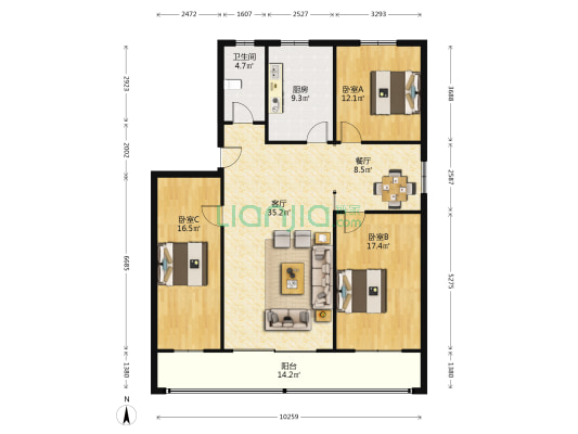 农业路东23号院 3室2厅1卫 128平方