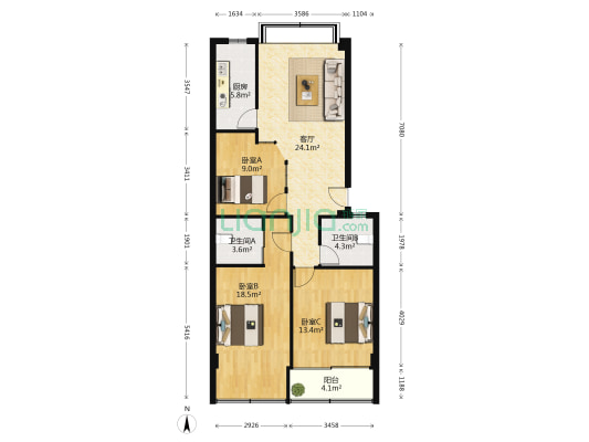 将军祠小区 3室1厅2卫 99平方