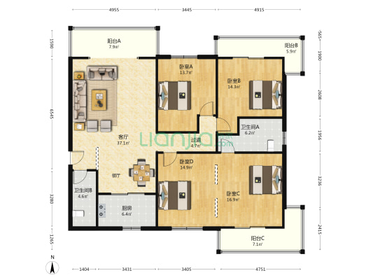 华都锦城 4室1厅2卫 190平方