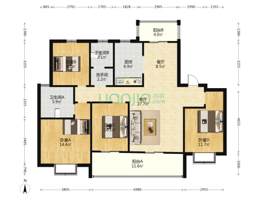 建业世和府2期 4室2厅3卫 142平方