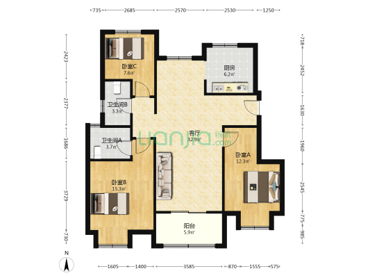 中江文荟苑 3室1厅2卫 111平方