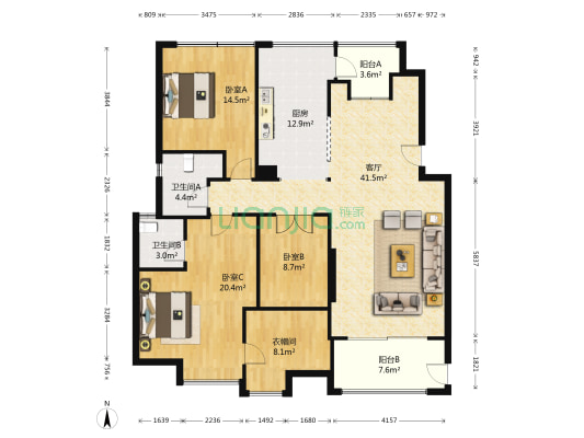 九龙仓御园一期 3室1厅2卫 143平方