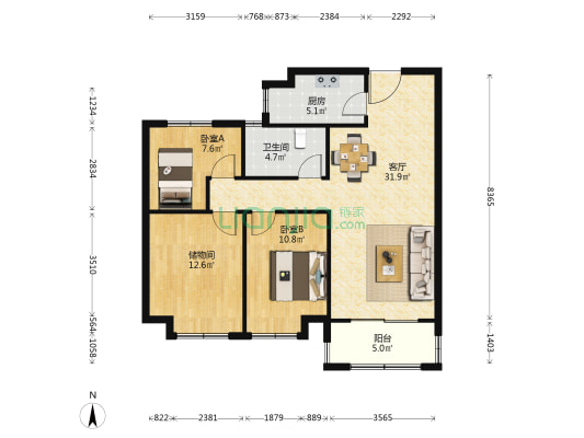 金色年华三期 2室1厅1卫 103平方