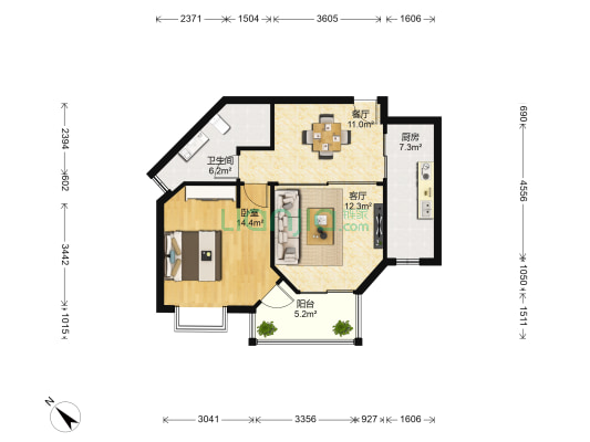 虹领公寓 1室2厅1卫 77平方