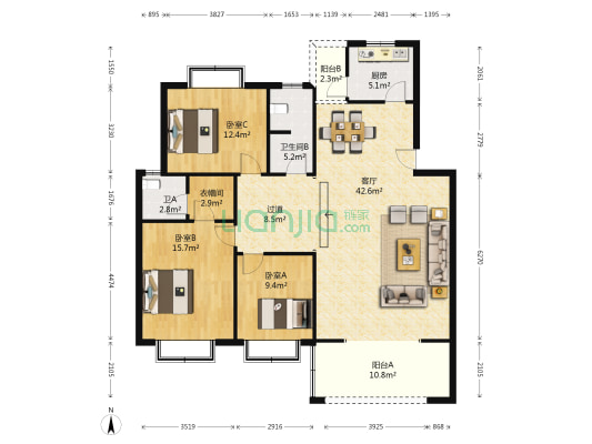 东方佳苑 3室1厅2卫 127平方