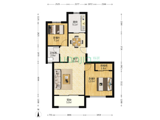 美诗邸 2室1厅1卫 88平方