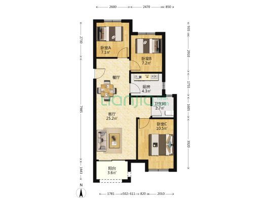鑫苑城十二号院 3室1厅1卫 90平方