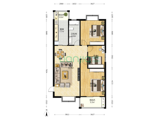 华裕广场 3室1厅1卫 131平方