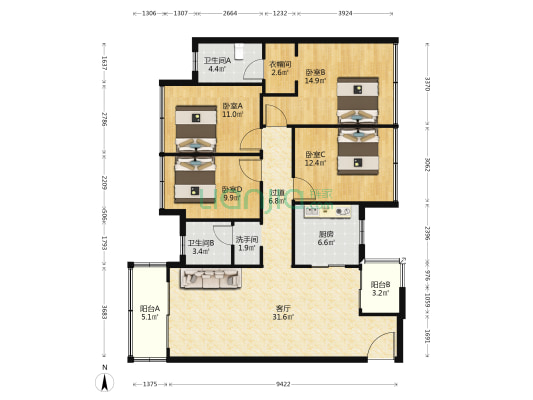 华润置地时代之城一期 4室1厅3卫 142平方