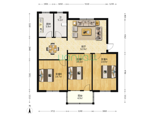 玉前小区 3室1厅1卫 103平方