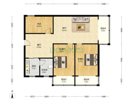 花湖大道76号 3室2厅1卫 118平方