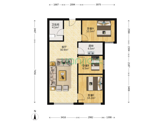 鸿坤全阳三居室   精装修   中高层   满二年-户型图