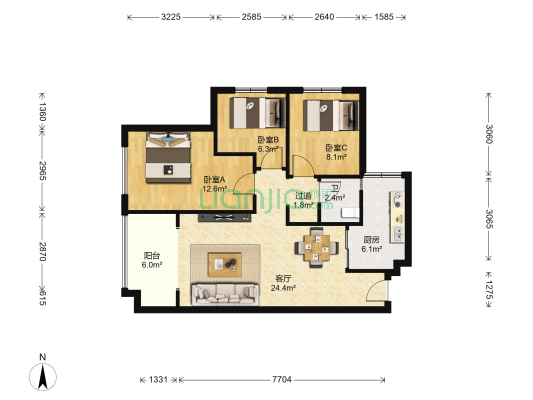 香山长岛 3室1厅1卫 90平方