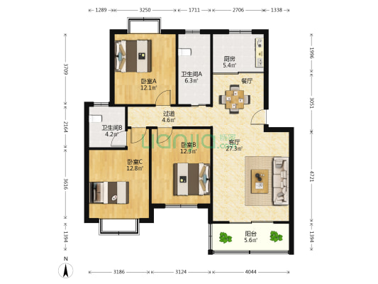 林运小区 3室1厅2卫 105平方