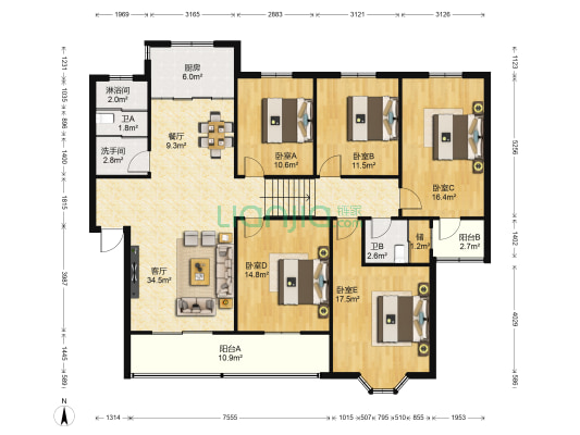富淮园 5室2厅4卫 173平方