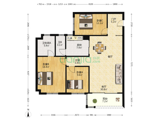 城市花园宝金阁 3室1厅2卫 121平方