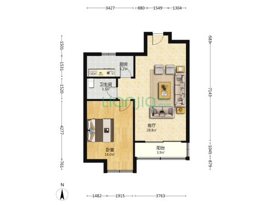 金大地天元府 1室1厅1卫 77平方