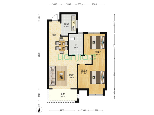 滨湖花园里 2室1厅1卫 89平方