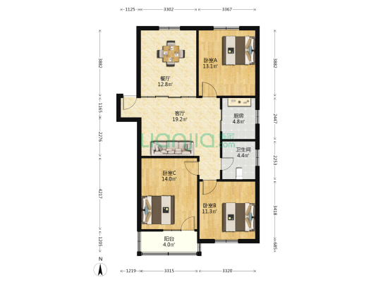花园路 3室2厅1卫 100平方