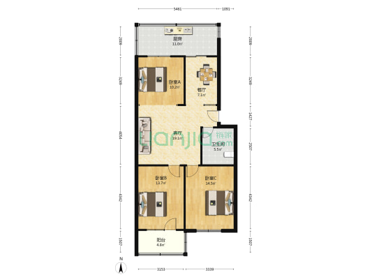 北仓路51号院 3室2厅1卫 100平方