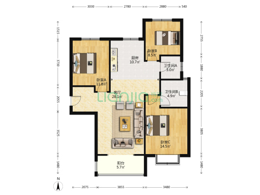 天伦湾一期大三居双卫 毛坯随心装 房本马上满二-户型图