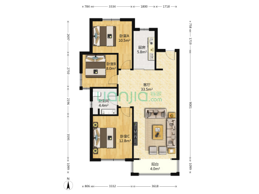 中海寰宇天下M区 3室1厅1卫 118平方