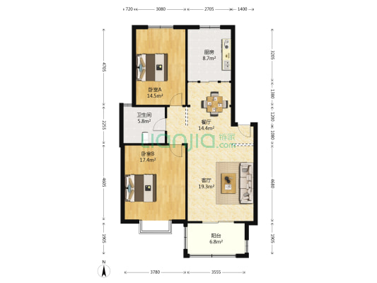 金满華府 2室2厅1卫 106平方