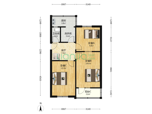 纺织楼 3室1厅2卫 68平方